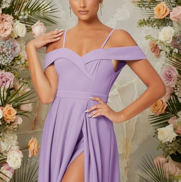 Cold Shoulder Split Thigh Dress lilac formal - Picture 2 of 6